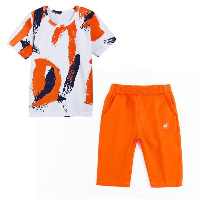 Boys suit summer cotton children's sports short-sleeved shorts two-piece suit big boy summer