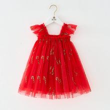 Baby Girl Kids Christmas Clothes Princess Tulle Dress Candy Cane/Plaid Print Sleeveles Square Neck Mesh Toddler Party Xmas Dress