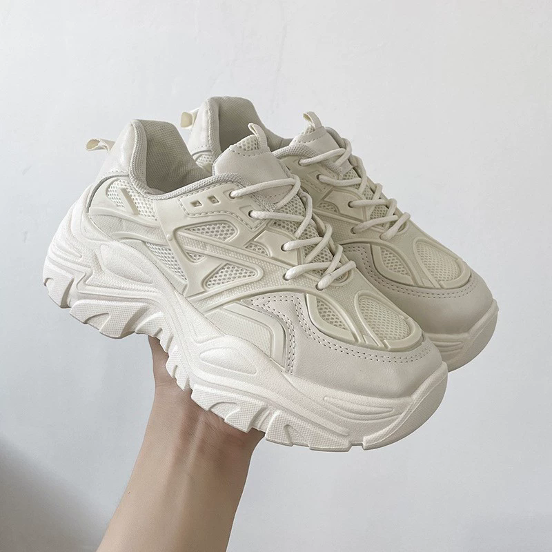Platform Dad Shoes 2025 Summer Thick Sole Breathable Sport Super High Heel Leg Slimming White Sneakers Women Shoes