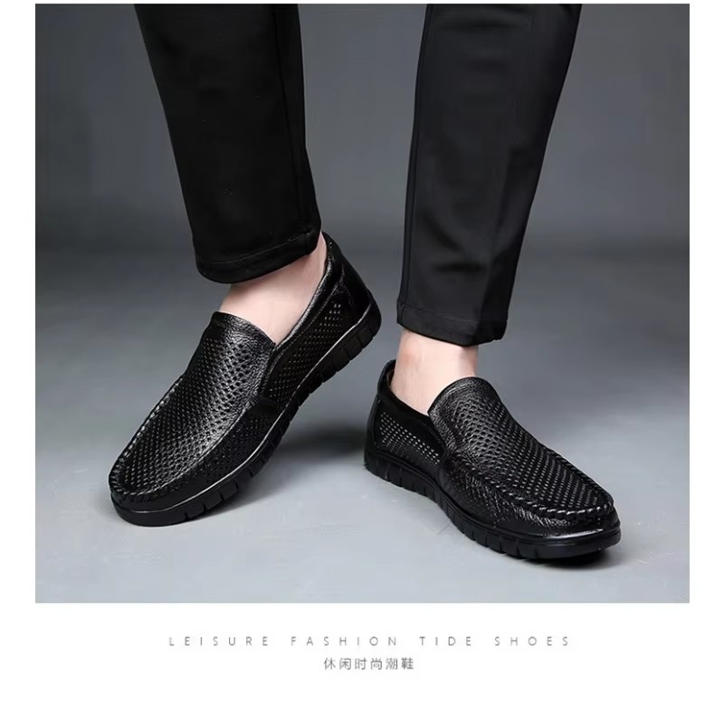 Fashion Leather Hollow Summer Soft Sole Men's Loafers Designer New Platform Busines Dress Shoes Men Casual Sandals Man