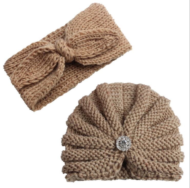 New Wool Hat Hair Decoration Set Winter Thickened Warm Knitted Hat Two Kids Headband Caps Set