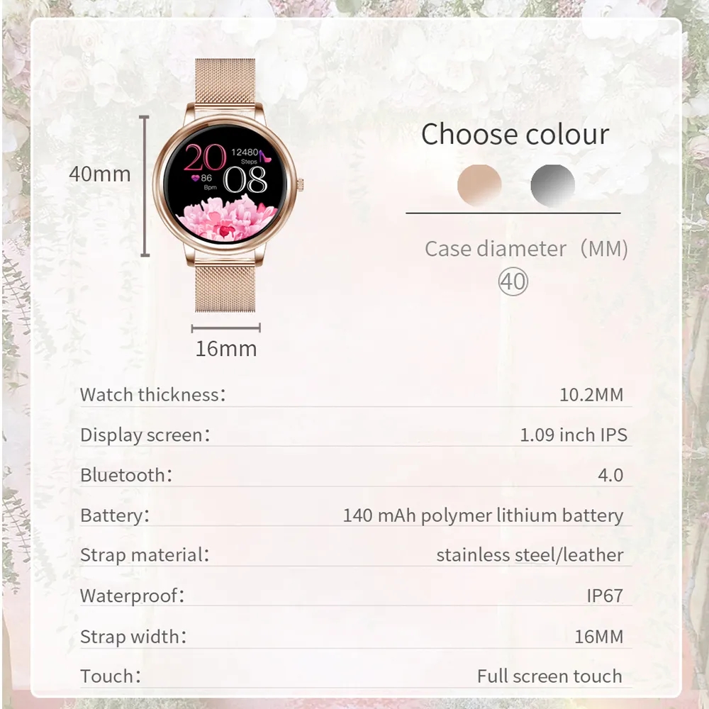 MK20 Women Smart Watch Fashion Ladies Full Screen Touch Smart Watch Pedometer Heart Rate Sleep Tracking Watches