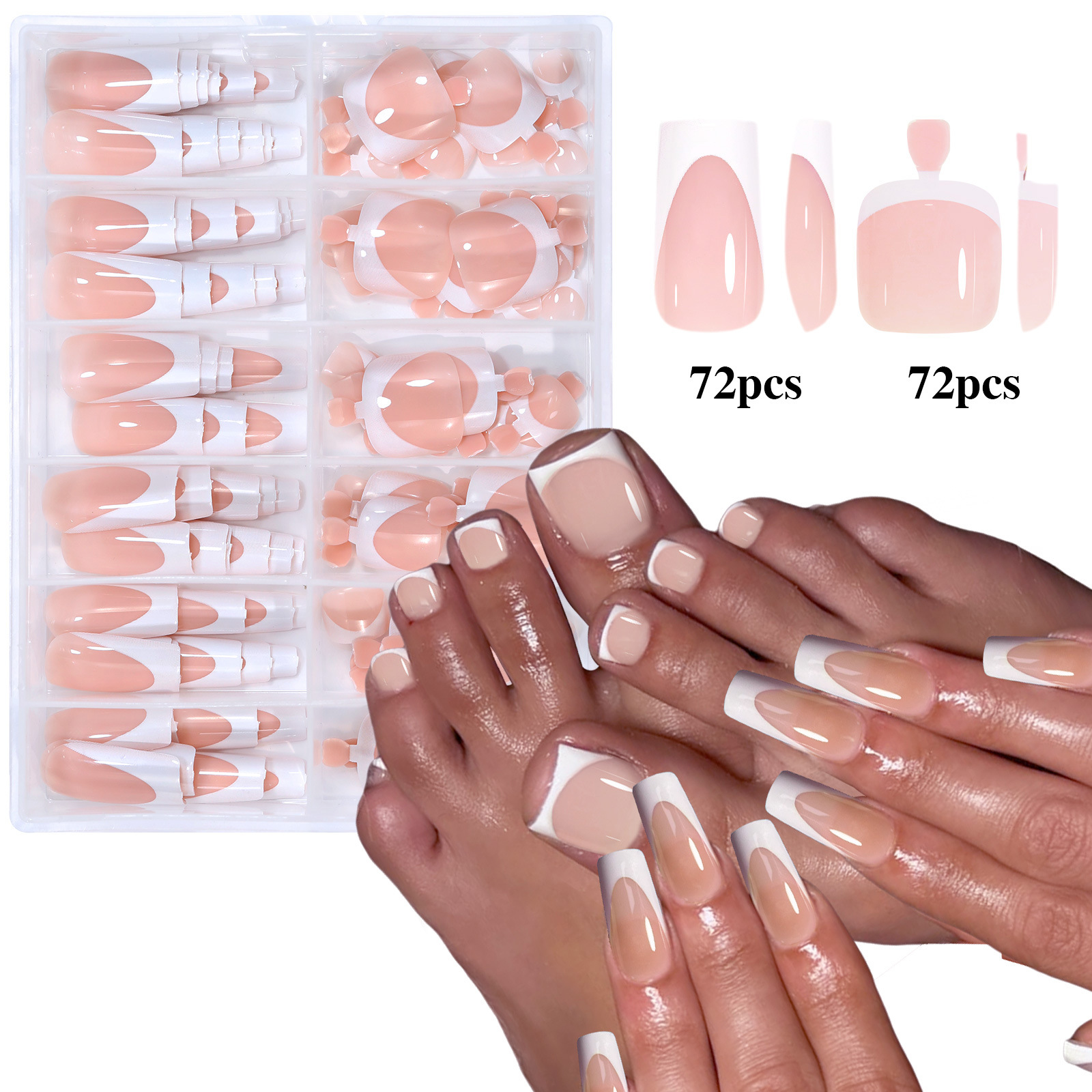 144pcs French hand and foot wear nail set summer short square shiny false toenail acrylic full coverage suitable for nail salo