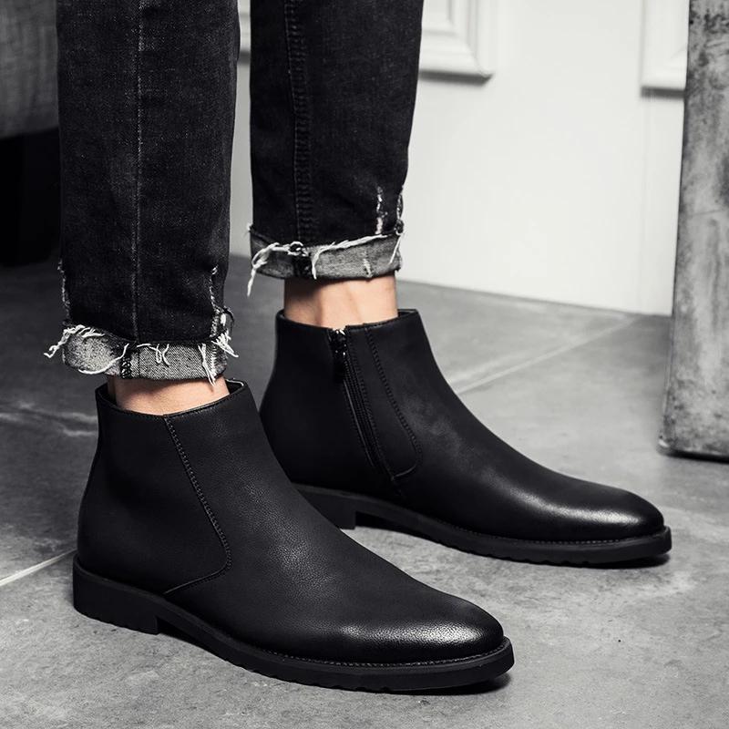 Spring Fashion Leather Men Boots Convenient Zip Pointed Toe Business Dress Boots Shoes Men Black Brown Ankle Boots Men
