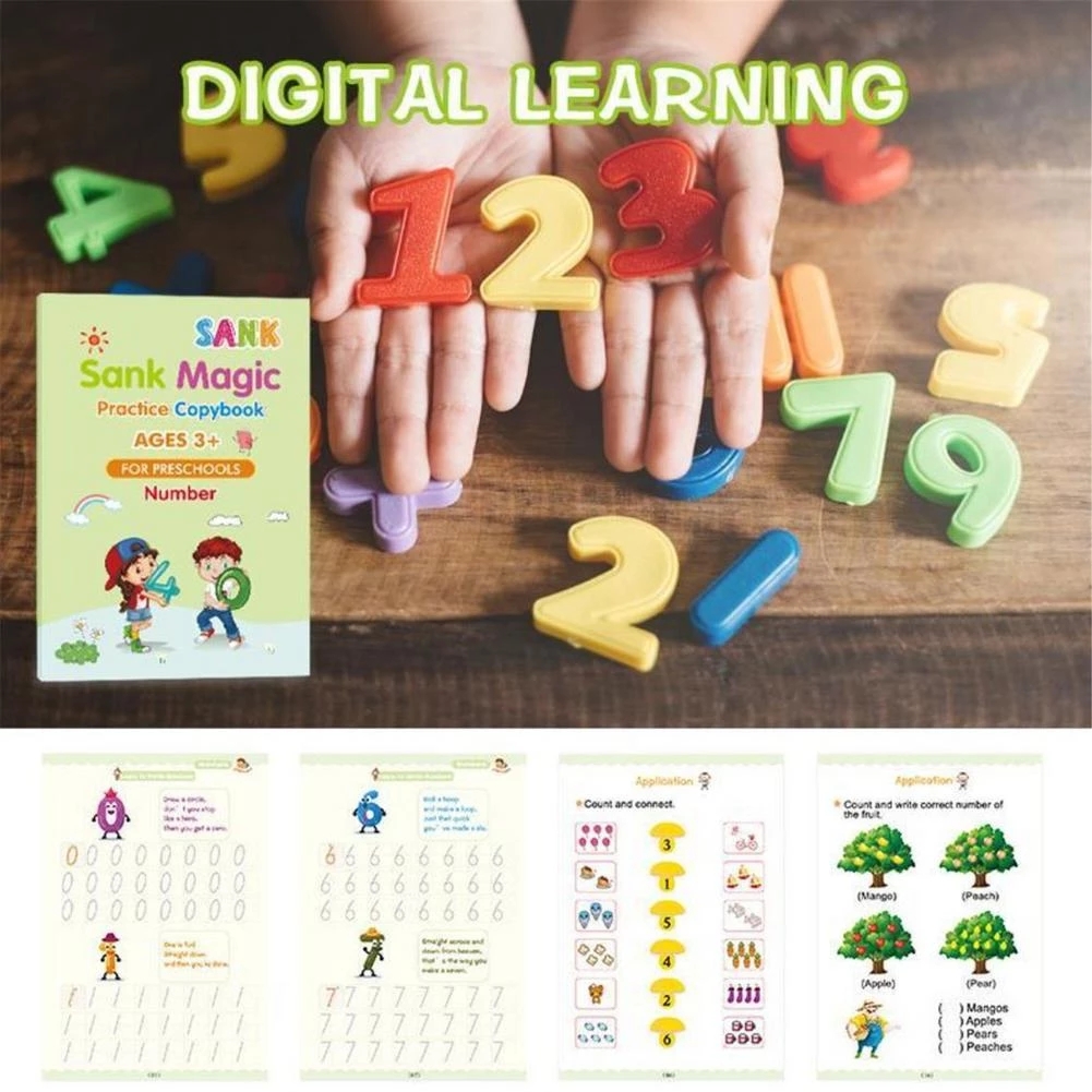4 Books + Pen Magic Practice Copybook Free Wiping Children's Copybook Magic Magic Writing Sticker English Version