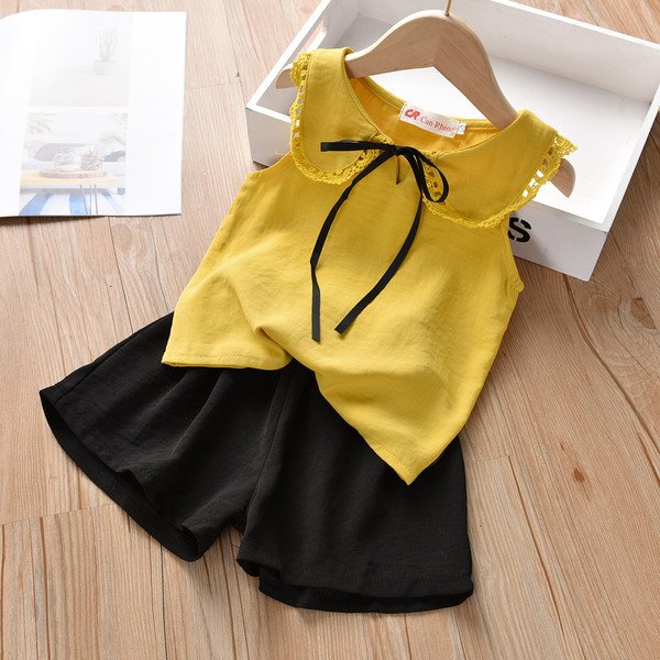 Sleeveless Baby Collar Tops + Broad Leg Shorts Sets for 1-6years Girls 2pcs Summer Kids Girl Cotton Outfits Children Clothes