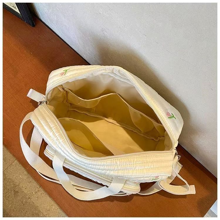 1pcs Cute Bear Flower Embroidery Pattern Baby Beige Cotton Fabric Zipper Diaper Handbag New Luggage Bag