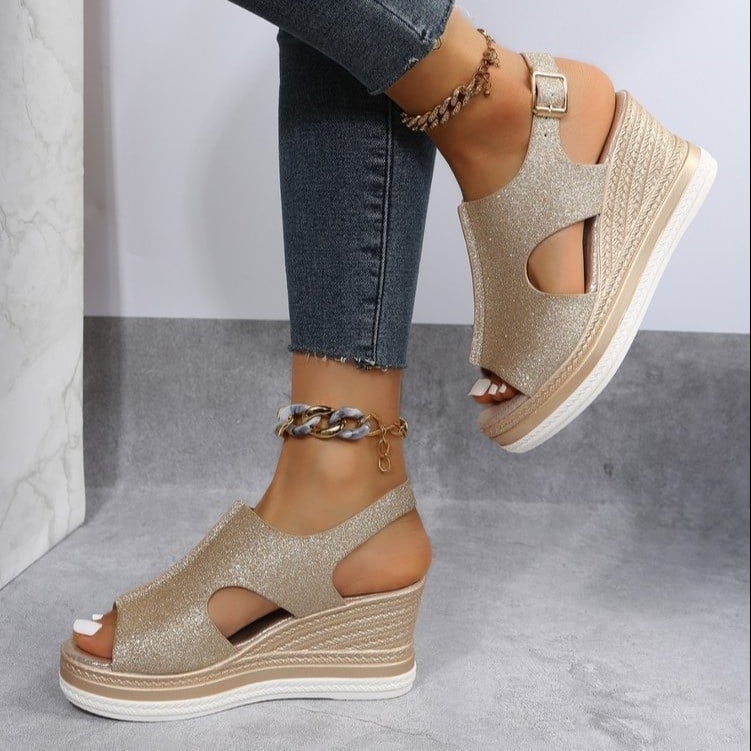 Belt buckle women's slope heel sandals large size medium heel muffin thick sole hollowed out fish mouth women's sandals