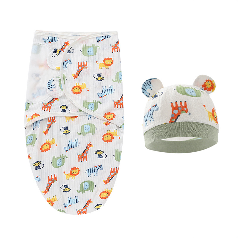 2PCS Cotton Newborn Sleepsack Baby Swaddle Blanket Wrap Hat Set Infant Adjustable New Born Sleeping Bag Muslin Blankets 0-6M