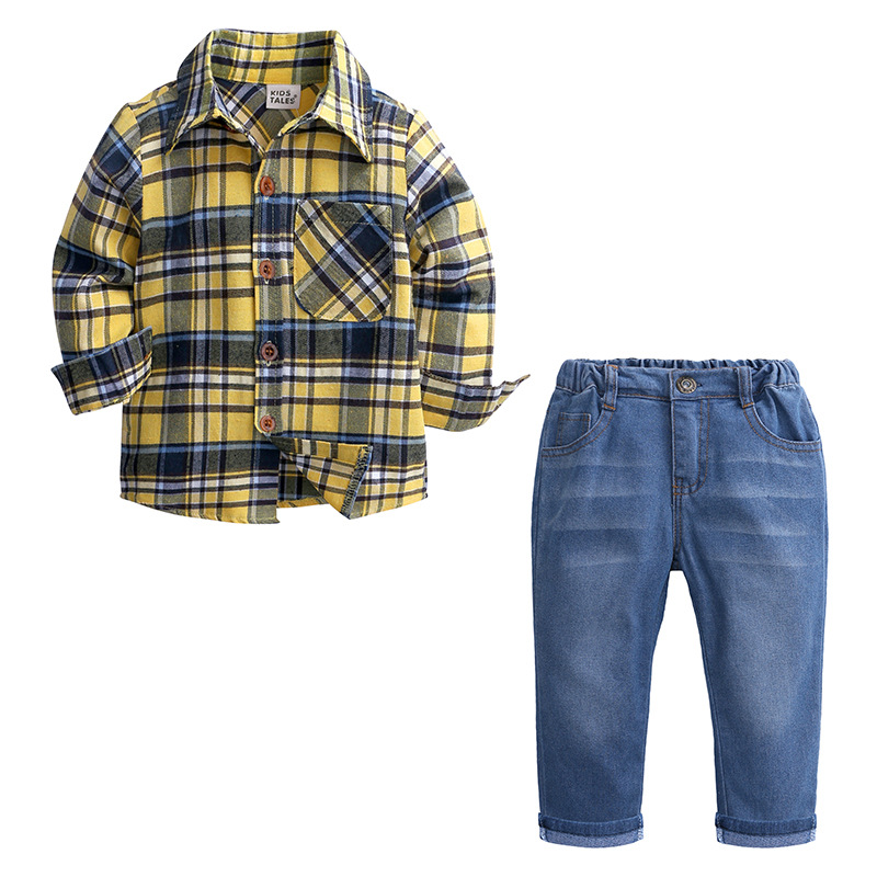 Boy Clothing Suits Classic Geometric Stripe Plaid Plaid Long Sleeve Boy Shirt Top Denim Trousers Clothing Set