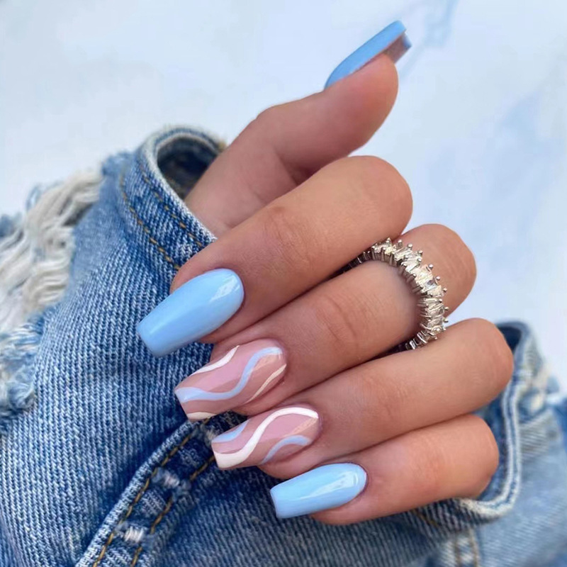 24pcs Pink Yellow Wavy lines Detachable Long Ballerina False Nails With Design Wearable Fake Nails Full Cover Nail Tips