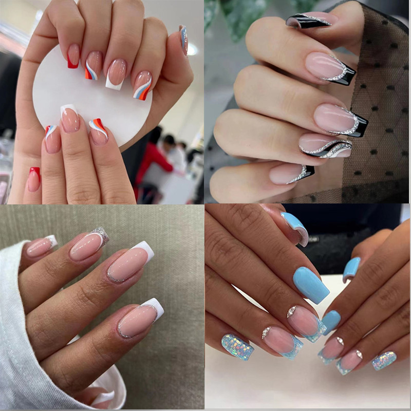 24Pcs Detachable Short Square coffin nails Fake Nails Simple Style Wearable Nail Full Cover Nail Tips Decor with glue Tape