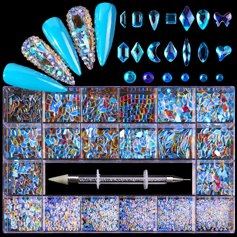 21 Grid Rhinestone Boxed Nail Rhinestone Flat Glass Shaped Rhinestone DIY Nail Rhinestone Nail Art Jewelry Set