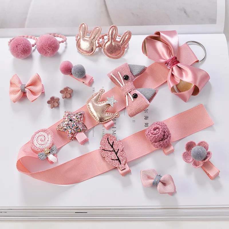 18 hair clip set Cute Hair Accessories Girl cartoon hair clip headwear Bow Flower animal Hairpin hair ring Elastic Headdress