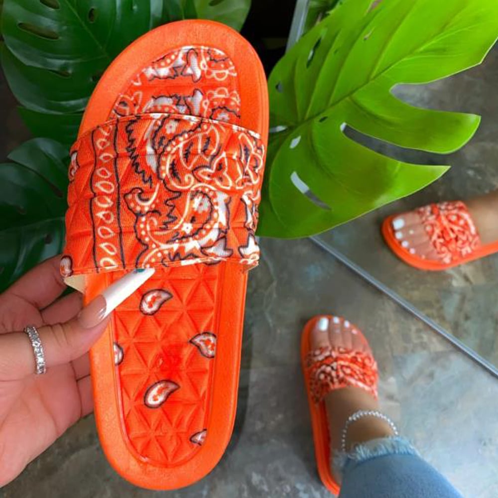 Summer large size soft bottom floral silk satin slippers female beach slippers