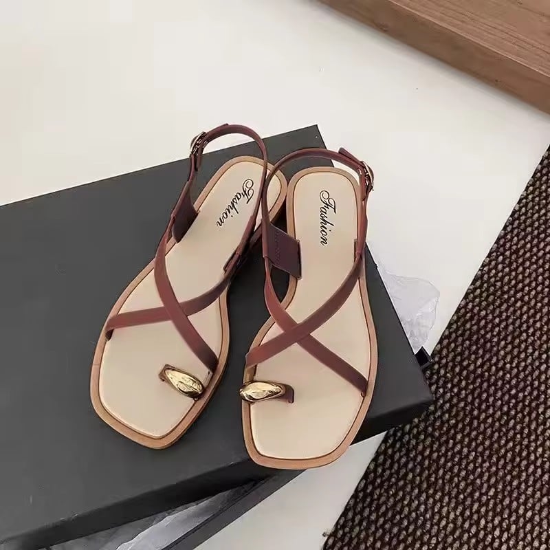 2025 New Women's Toe Loop Slides Summer Outdoor Wear Trendy Flat French Elegant One Strap Flip Flop Sandals
