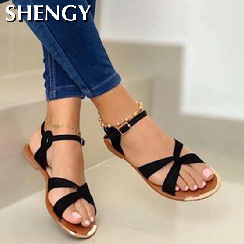 summer women's sandals open toe beach cross straps ladies one-word buckle roman flat shoes