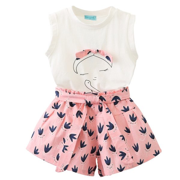 2Pcs Summer Clothes Bow Girls Clothing Sets Cartoon Print T-shirt+Short for Kids Clothes 3-7Y Sleeveless
