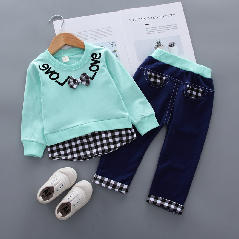 Kids Autumn New Korean Style Fake-two Long Sleeved Top Pants Girls Suit Children's Clothes