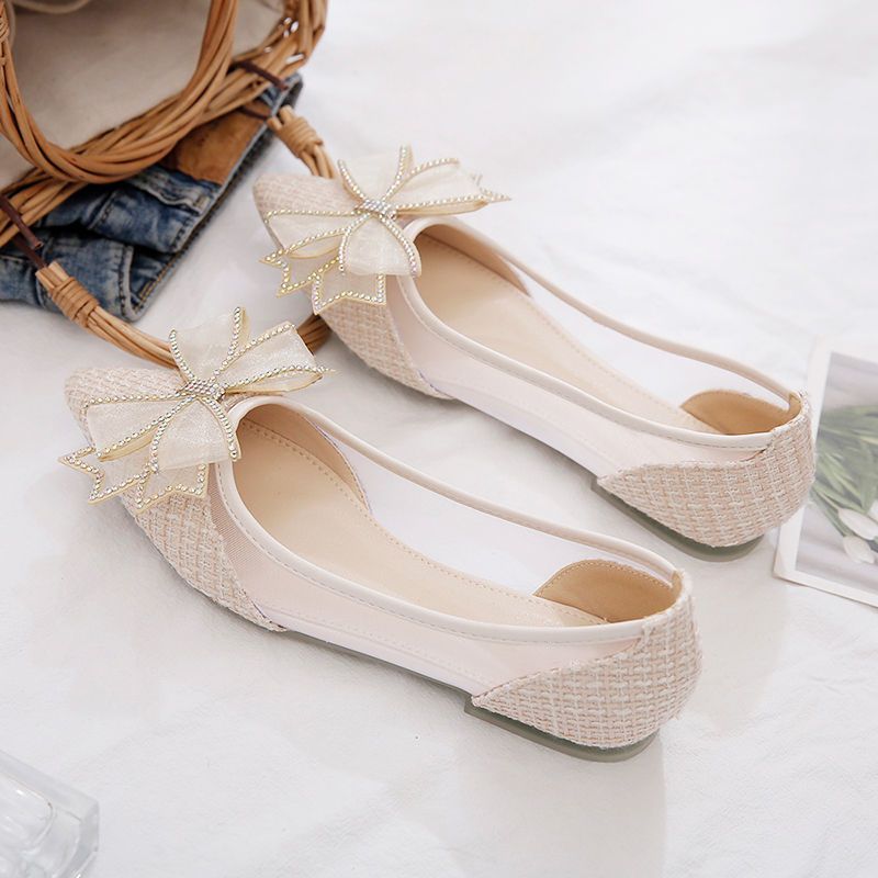 Summer Breathable Flat Heel Women's Scoop Shoes New Korean Edition Butterfly Knot Designed Mesh Pointed Casual Shoes