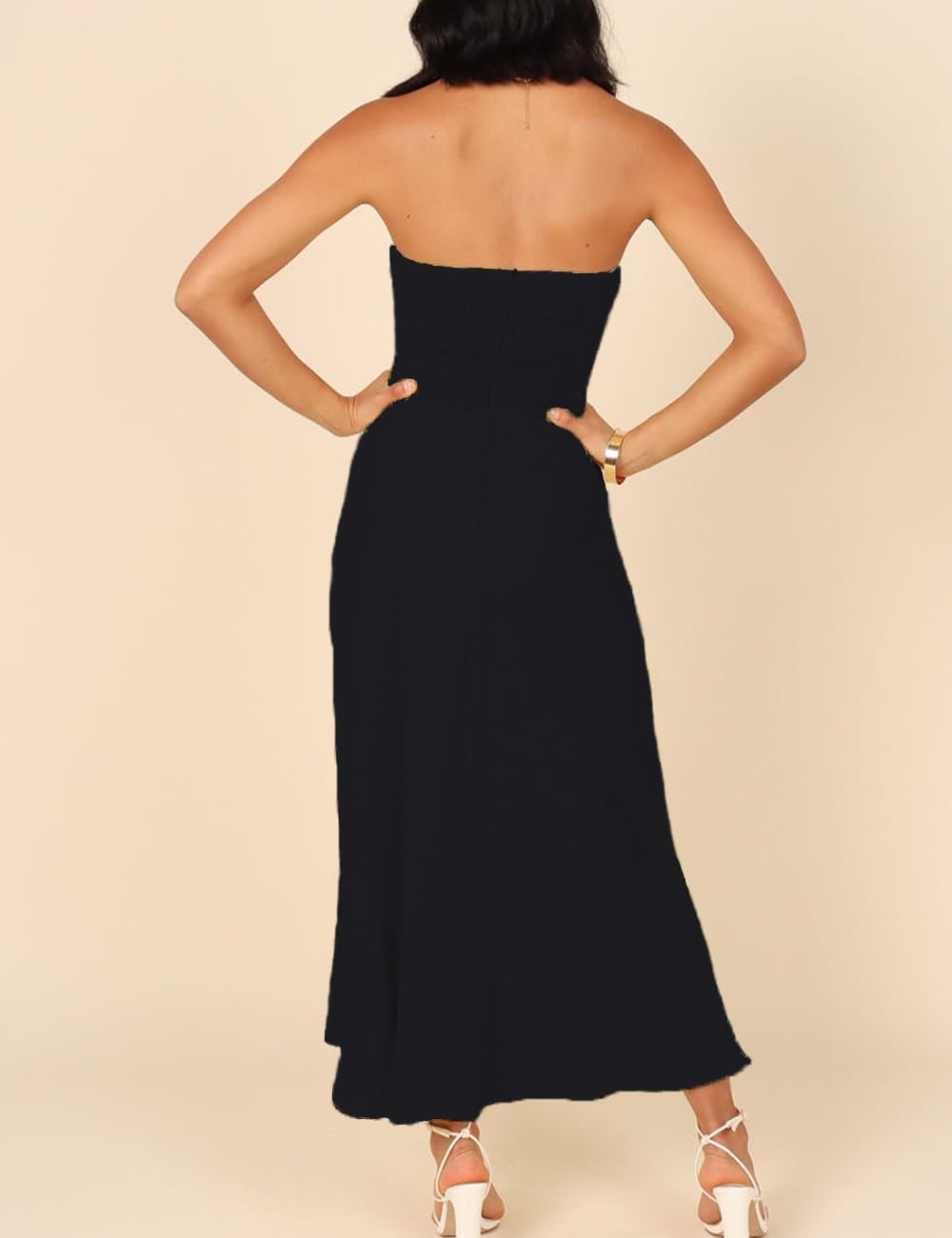 Sexy Twist Front Strapless Sweetheart Neckline Midi Dresses for Women Smocked Cutout Tube Linen Dress Wedding Guest