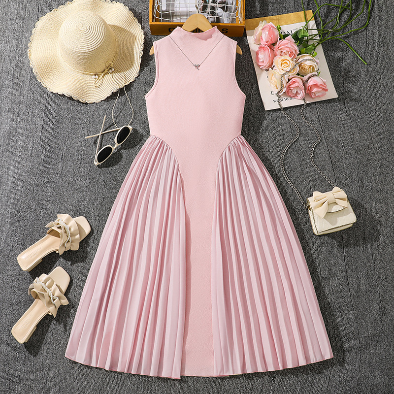 Summer New Teen Girls Dress Solid Color Patchwork Sleeveless A-Line Dress For 8-12 Years Girls Daily Casual Elegant Dance Dress