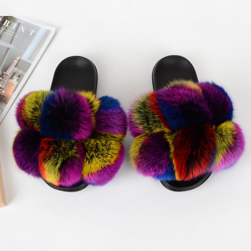 Fur Slippers Women Furry Slides Summer Fluffy Slippers House Shoes Woman Real Fur Slides Home Women's Fur Fox Slippers