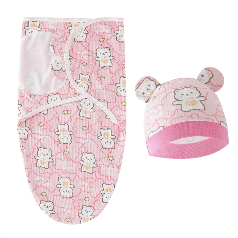 2PCS Cotton Newborn Sleepsack Baby Swaddle Blanket Wrap Hat Set Infant Adjustable New Born Sleeping Bag Muslin Blankets 0-6M