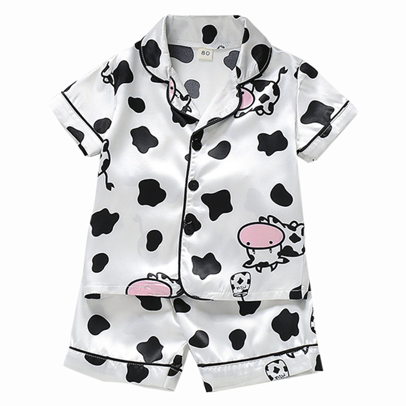 Children's pajamas suit boys and girls ice silk satin cartoon print home service single-breasted short-sleeved cover