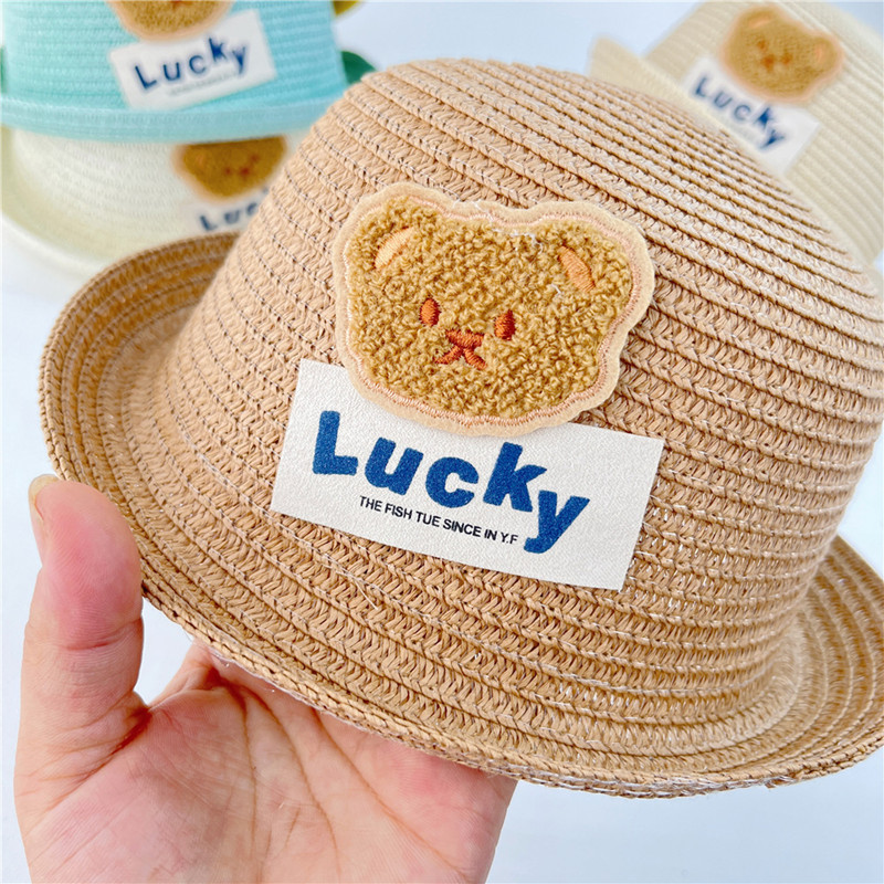 Spring and Summer Sunscreen Children's Straw Hat Boys and Girls Cartoon Little Bear Sunshade Hat Bag Set Princess Beach Hat