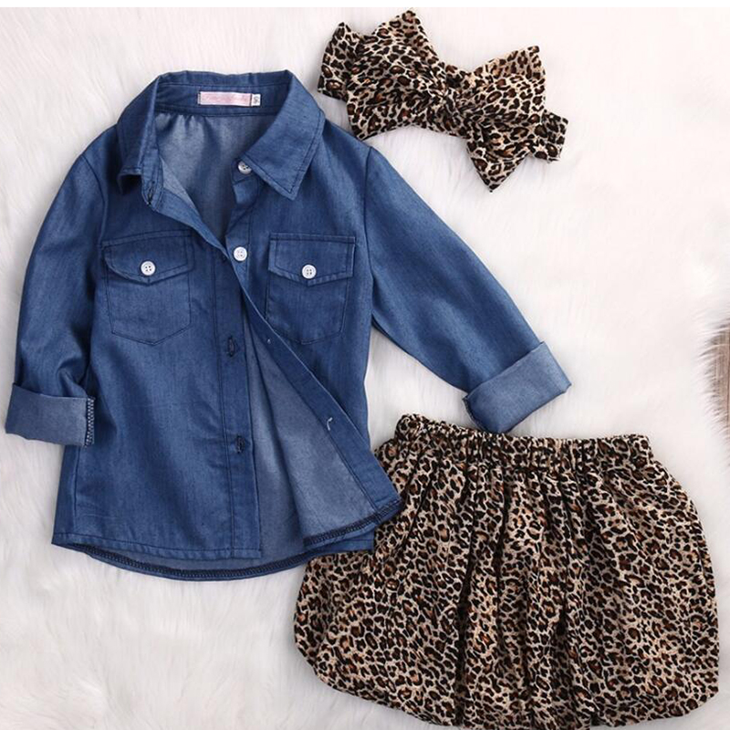 Toddler Baby Girls Dress Denim Shirt+Leopard Skirt+ Headband Kids Clothes Set