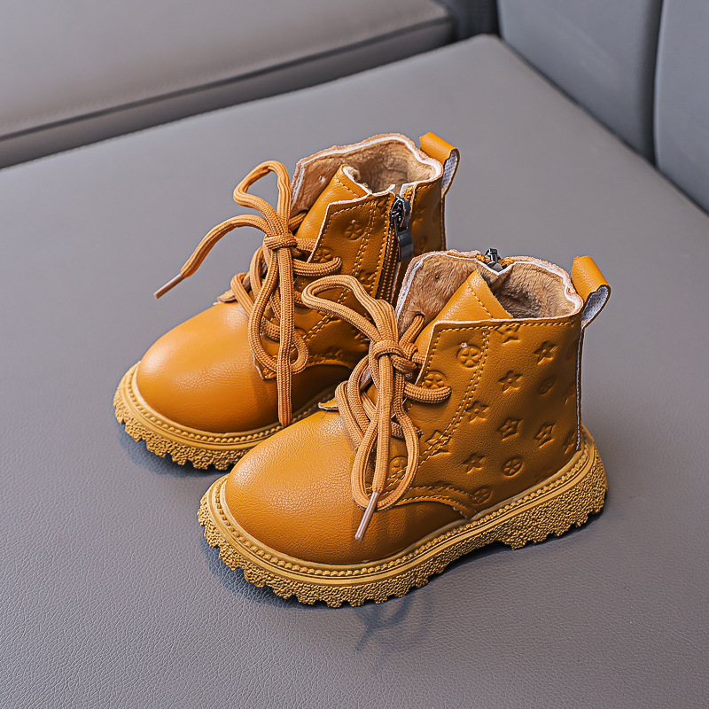 2024 new warm female baby thin velvet lace-up leather boots boys Martin boots cute printed short boots