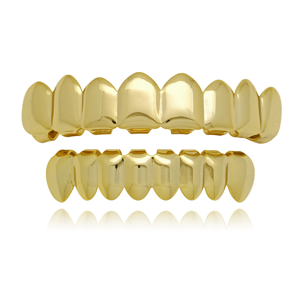 Hip Hop Braces 18K Real Gold Plated Top 8 Bottoms 8Grillz for Men Ladies Glossy Gold Teeth tooth accessories