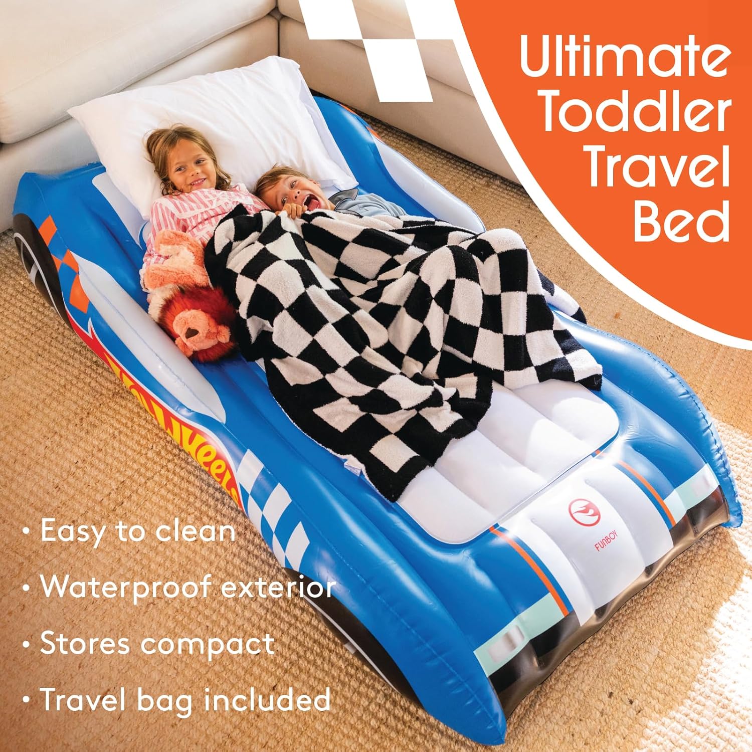 Hot Wheels & FUNBOY Kids Sleepover Bed & Air Mattress. Perfect for Sleepovers. Includes Carrying Storage Bag, Twin