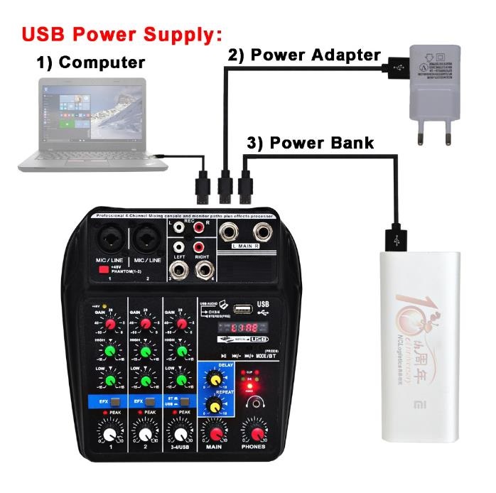 A4 Sound Mixing Console Bluetooth USB Record Computer Playback 48V Phantom Power Delay Repaeat Effect 4 Channels USB Audio Mixer