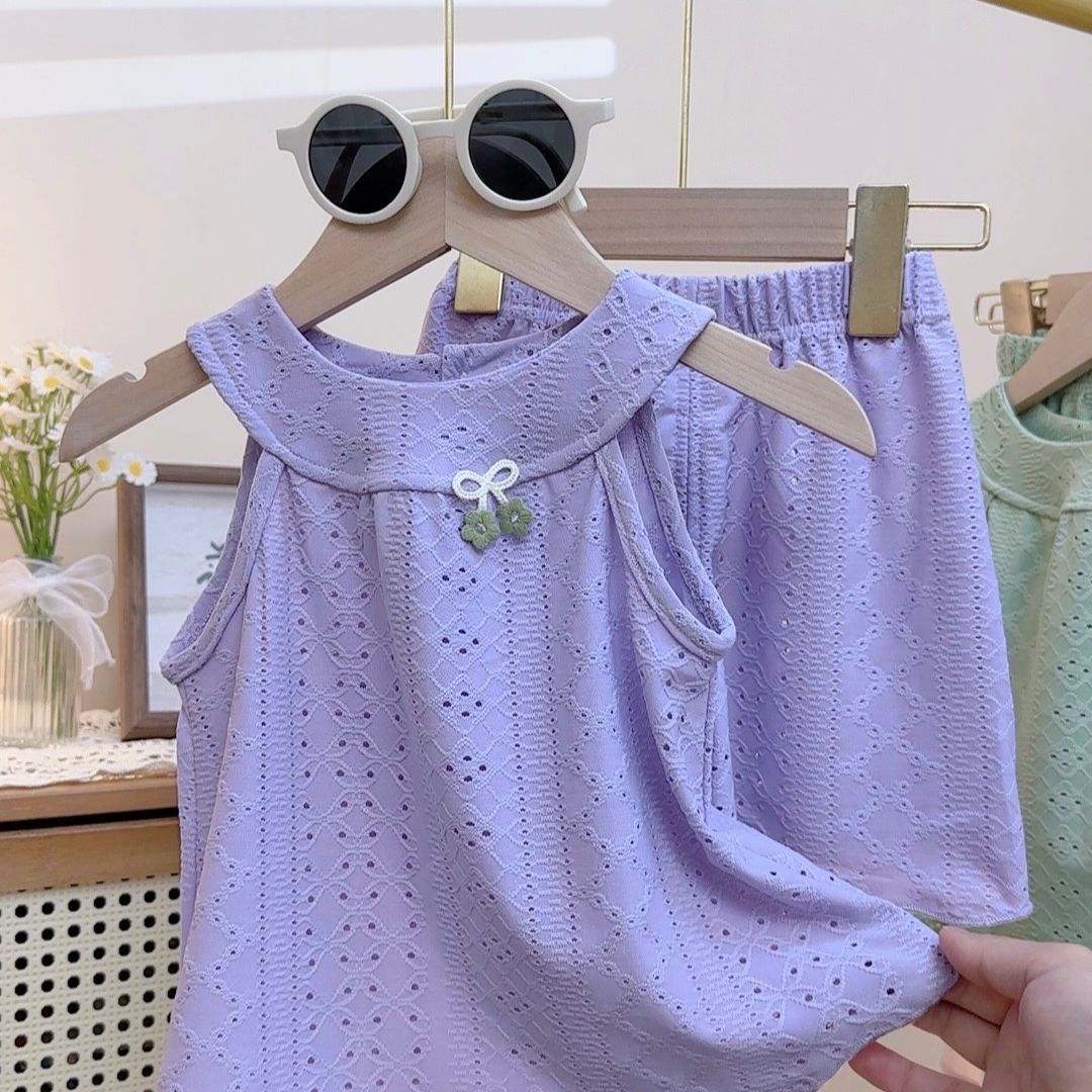 2 Kids Hollow Out Jacquard Breathable Mesh Tops Girls Camisole Skirt Pants Sets Summer New Baby Korean Ruffle Edge Vest Set