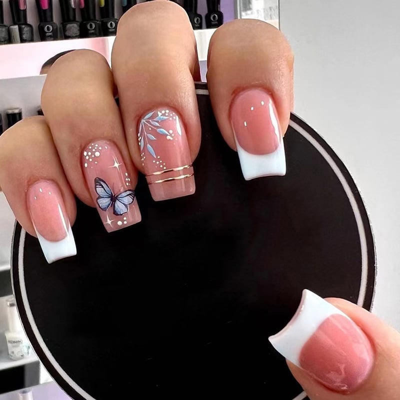 24PCS Fake Nails With Glue Long Detachable French Stick on Nails Coffin Flame Press on Nails Art DIY Manicure Tool