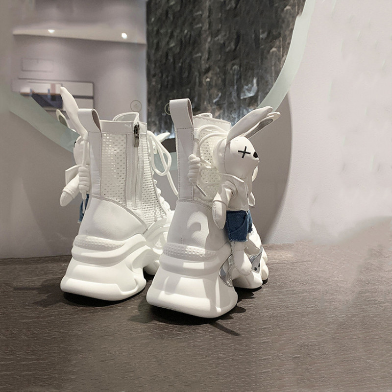 Women's Mesh Casual Shoes 2023 Spring New High Top Rabbit Women's Shoes Hollow Side Zipper Thick Sole Martin Boots for Women