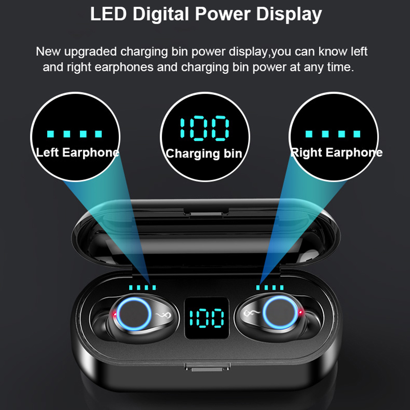 F9 Bluetooth V5.0 Earphone Wireless Headphones 9D Stereo Sport Headset TWS Mini Earbuds with Power Bank 2000mAh Phone Holder