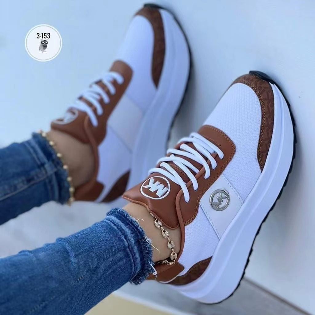 Large size fashion flat bottom color blocking round head casual sneakers women fall and winter new front lace-up single shoes