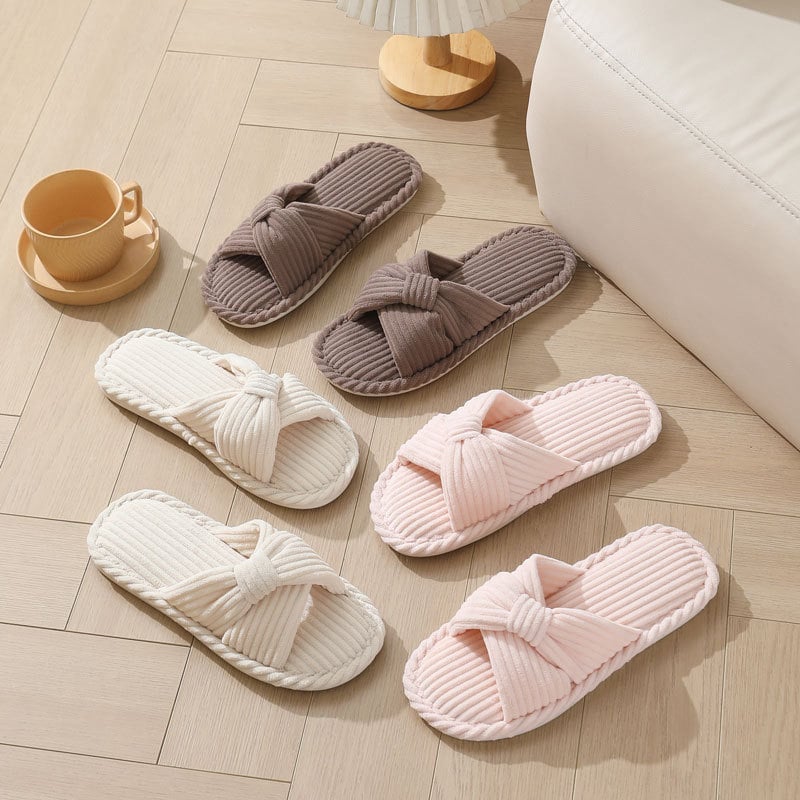 Corduroy Cross Strap Home Slippers for Women Open Toe Non Slip Cotton Indoor Shoes Woman Lightweight Comfort Bedroom Slippers