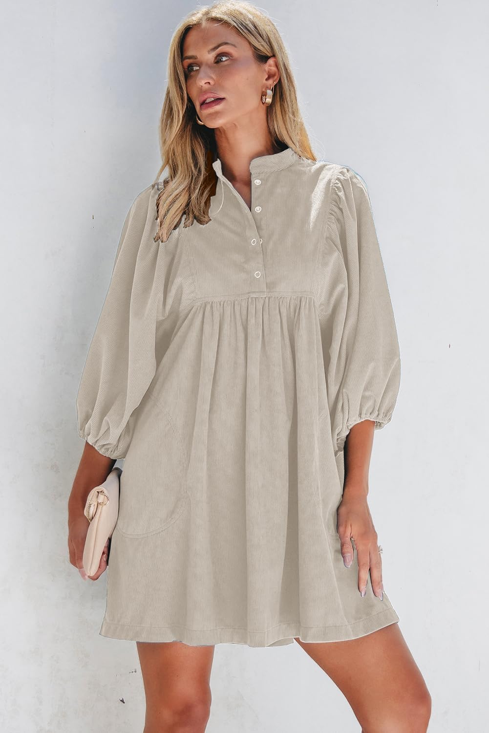 Opemiby Womens Casual Dresses Corduroy Button Up Empire Waist 3/4 Sleeve Fall Winter Mini Babydoll Dress