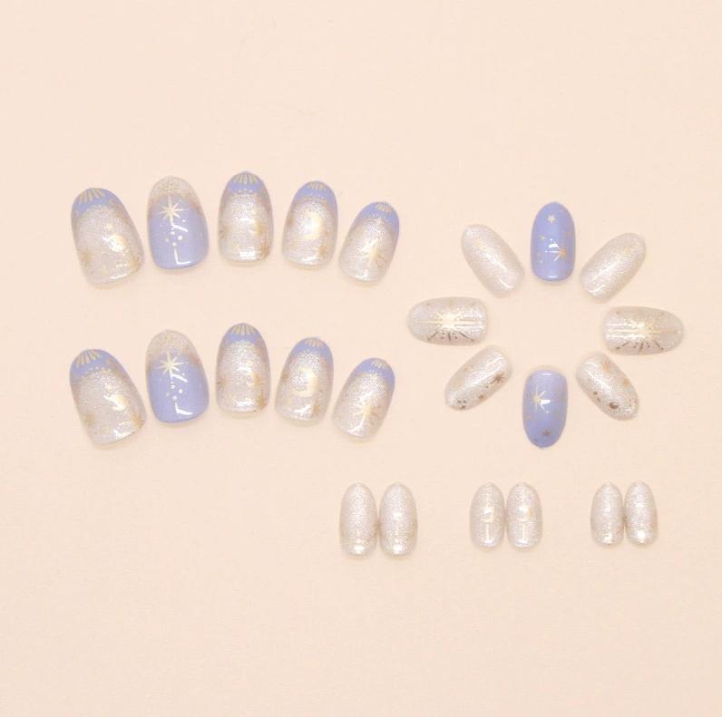 24Pcs Short Almond Ballet False Nails With Light Blue Edge Design French Press on Nails Wearable Almond Full Cover Fake Nail Tip