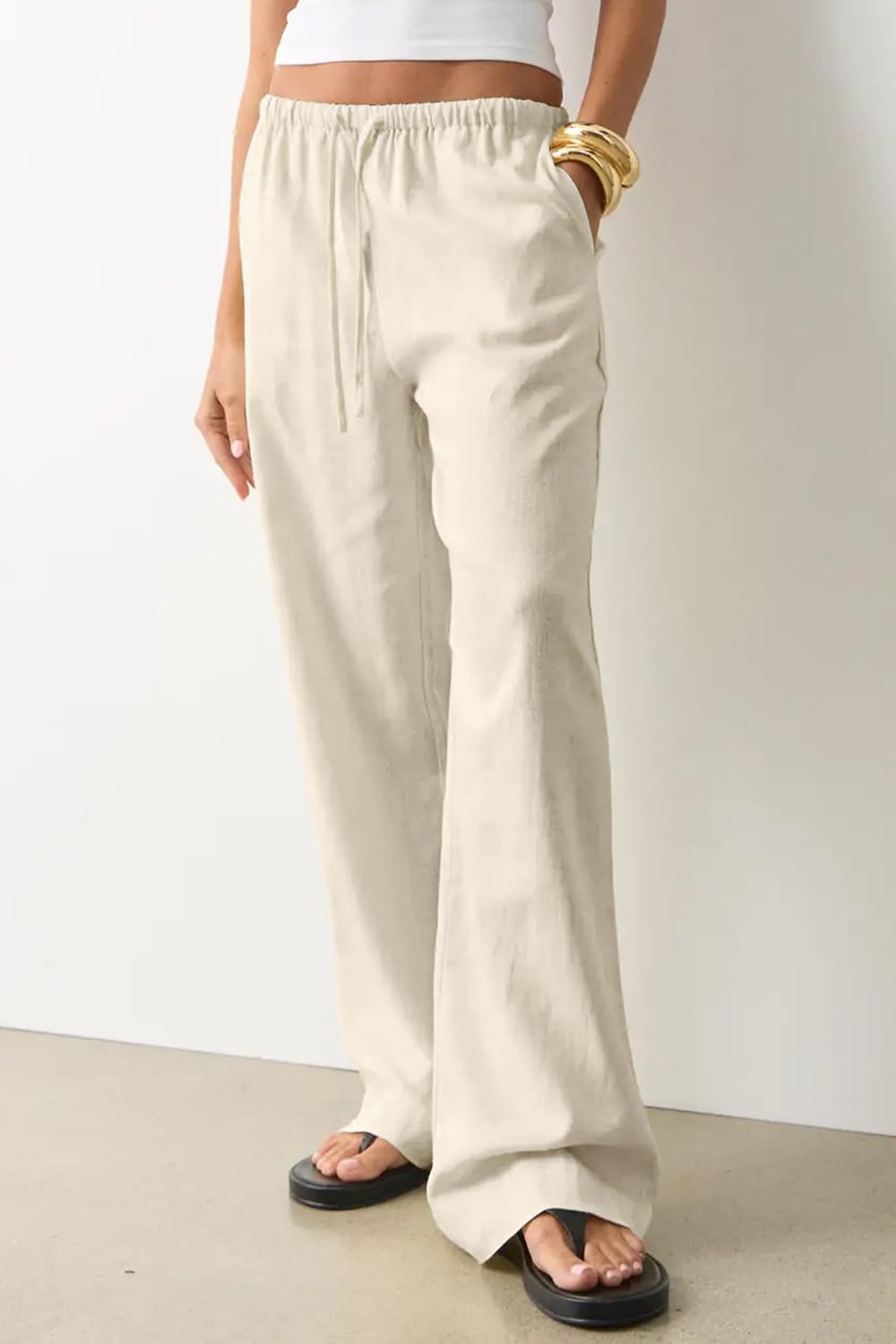 CHYRII Women's Summer Casual Wide Leg Pants Cotton Linen Palazzo Pants Beach Vacation Outfits Trouser with Pockets