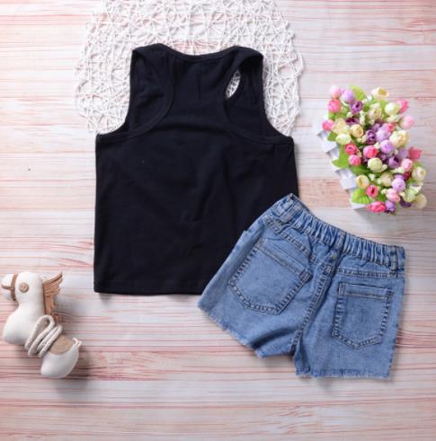 Children's clothing Toddler Kids Girls Sleeveless Flowers Printing T-shirt+Printed denim shorts Set 2Pcs