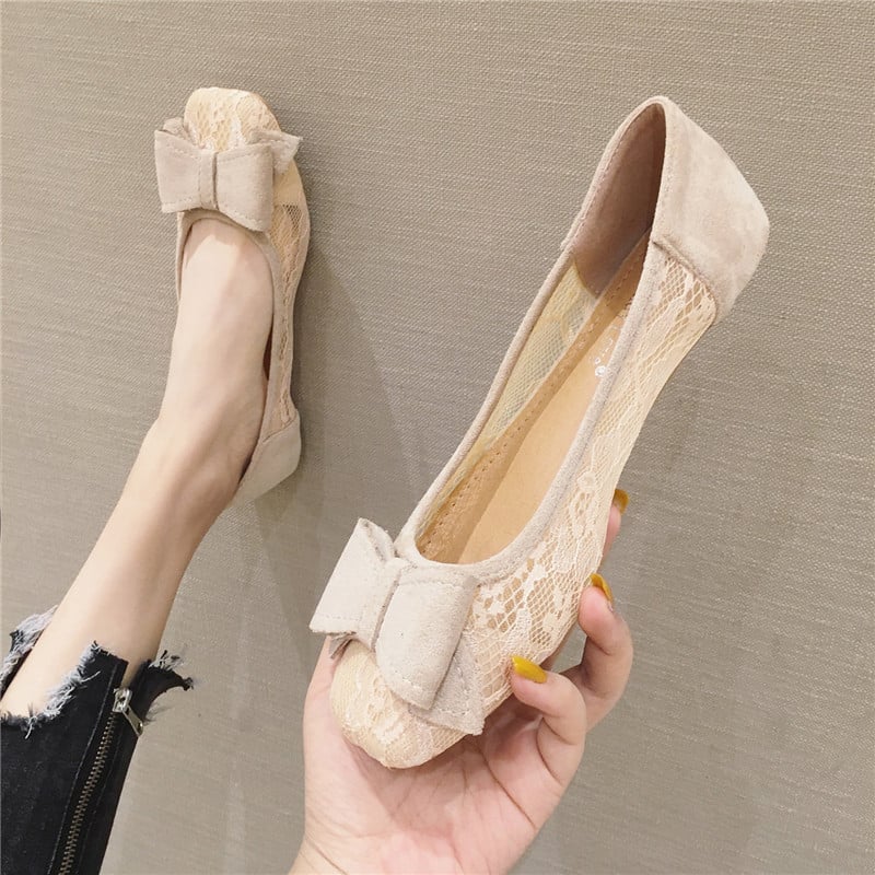 Korean version of all-match square toe shallow mouth lace mesh breathable scoop shoes women's black soft sole flat heel shoes