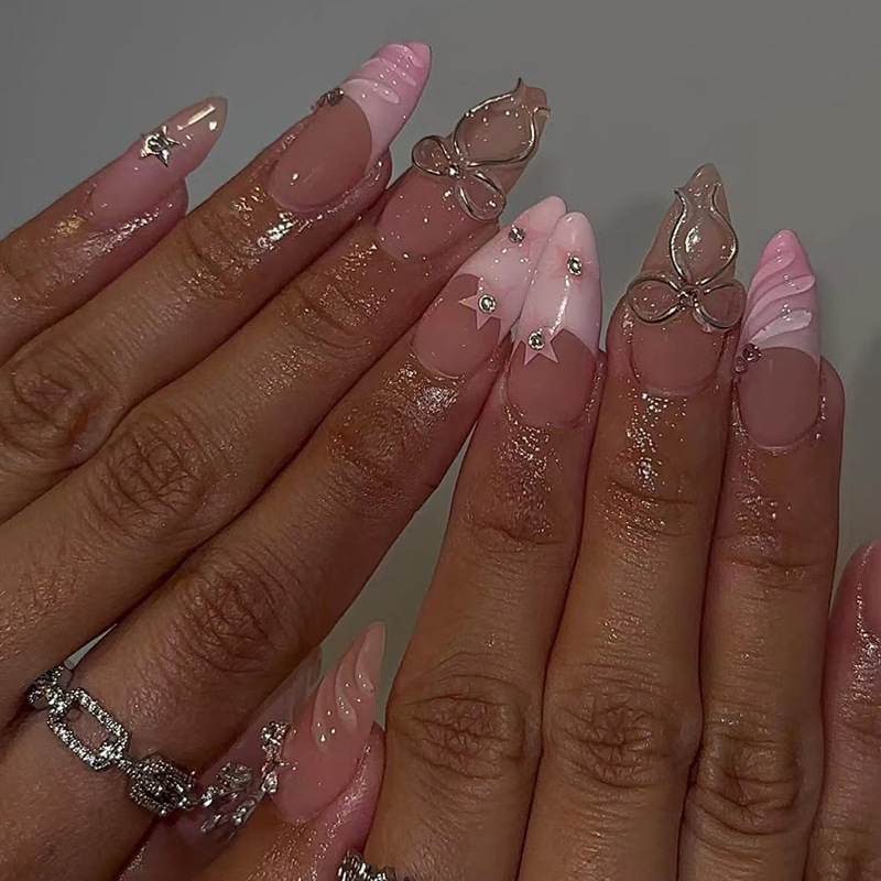 24Pcs Press on Nails Almond False Nails 3D Curves Acrylic Fake Nails with Charms Wearable Artificial Nails
