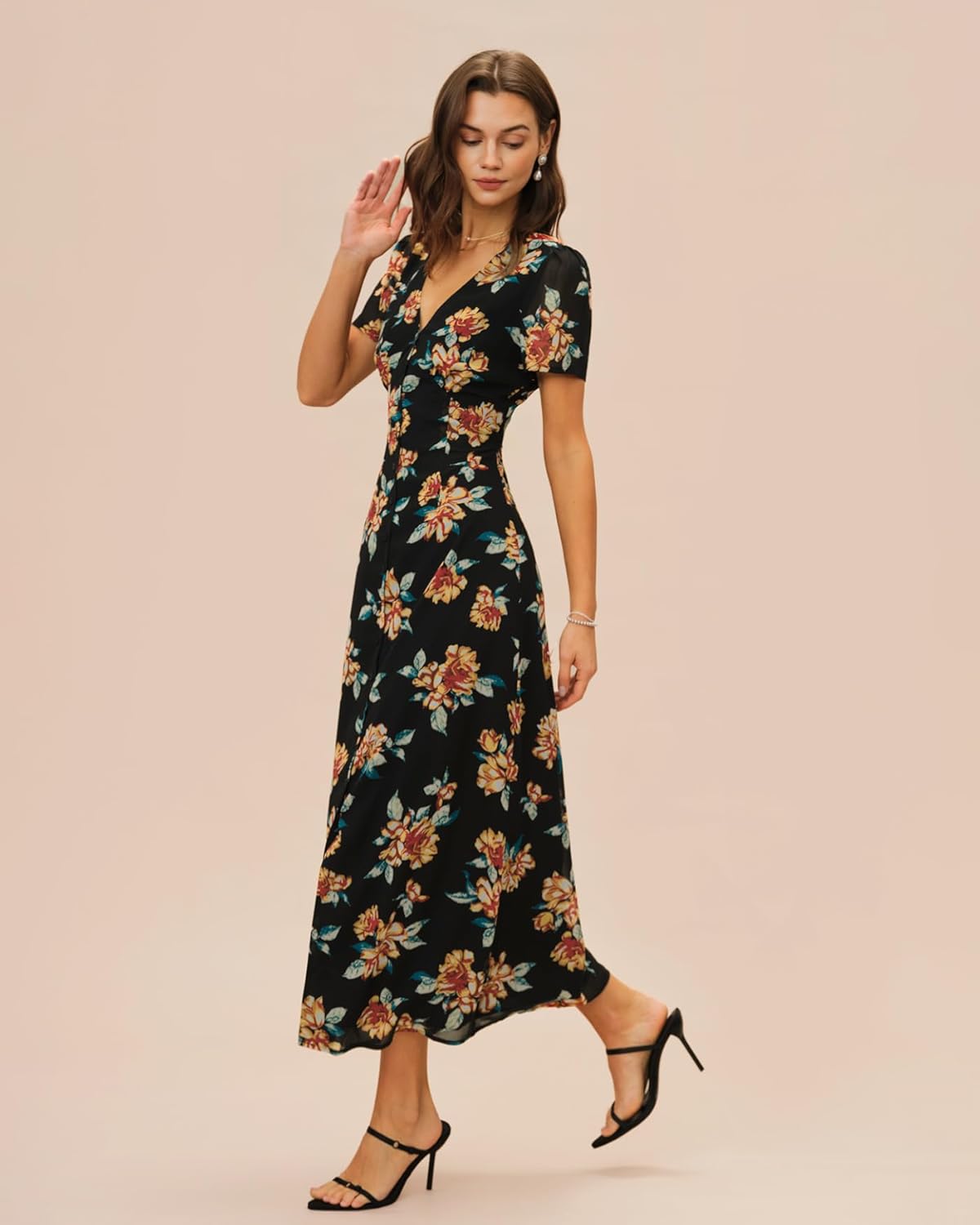 RIHOAS Women's Boho V Neck Floral Maxi Dress - Elegant Flowy Short Sleeve | Summer Beach Wedding Guest Formal Vestido Black