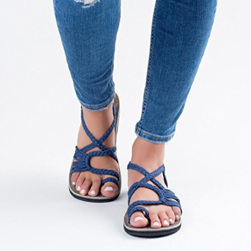 Seasonal Cross border Foreign Trade Knitted Sandals for Women in Europe and America Flat Bottom Pinch Toe Large Sandals Size 35