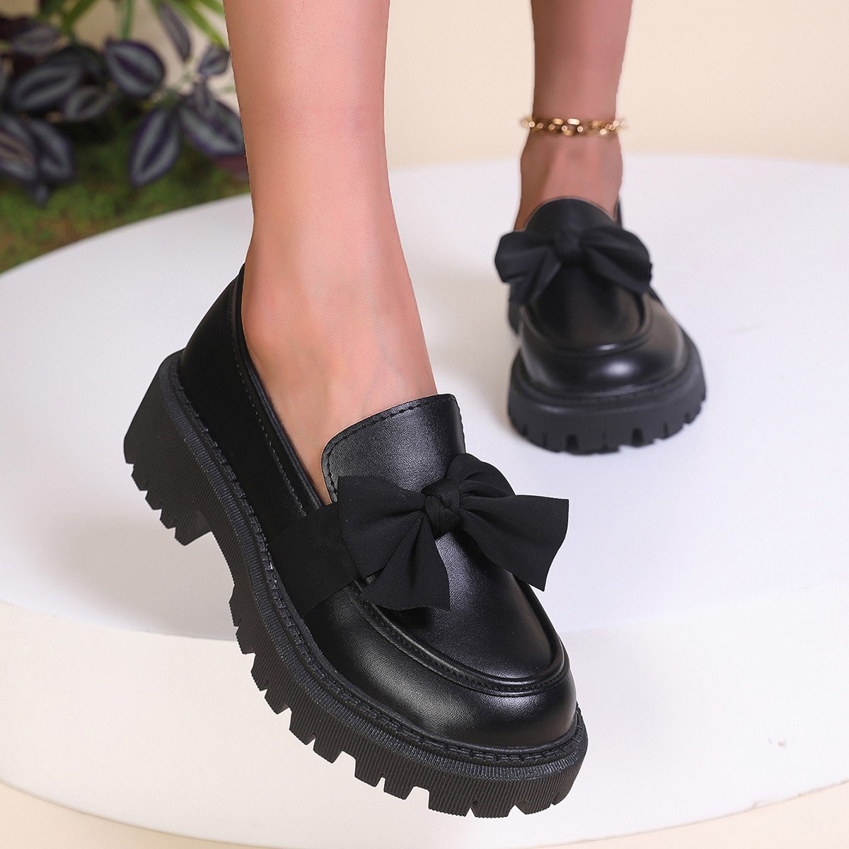 New Le Fu Shoes Women's Bow Thick soled Small Leather Shoes Single Shoes